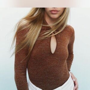 Zara Brown Long Sleeve Cut Out Bodysuit